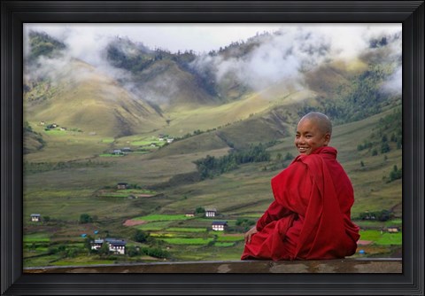 Framed Monk and Farmlands in the Phobjikha Valley, Gangtey Village, Bhutan Print