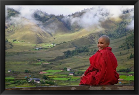 Framed Monk and Farmlands in the Phobjikha Valley, Gangtey Village, Bhutan Print