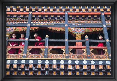 Framed Monks in the Kichu Lhakhang Dzong, Paro, Bhutan Print