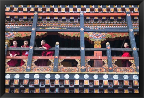 Framed Monks in the Kichu Lhakhang Dzong, Paro, Bhutan Print