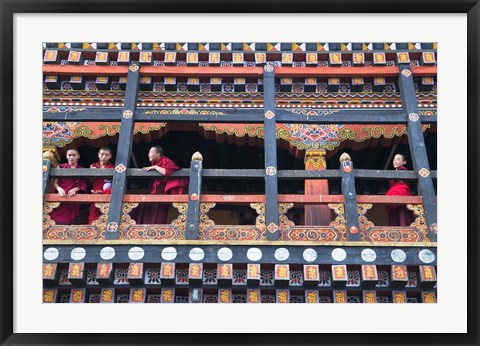 Framed Monks in the Kichu Lhakhang Dzong, Paro, Bhutan Print