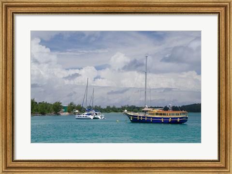 Framed Indian Ocean, Seychelles, Praslin, Sailboats Print