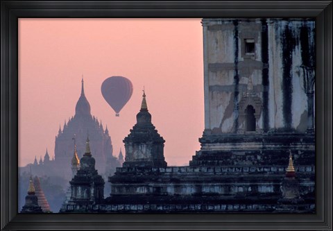 Framed Hot Air balloon over the temple complex of Pagan at dawn, Burma Print