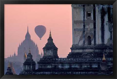 Framed Hot Air balloon over the temple complex of Pagan at dawn, Burma Print