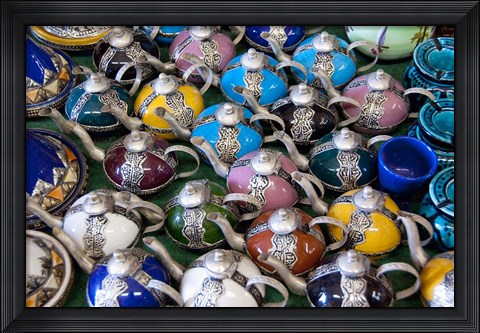 Framed Morocco, Casablanca, market, Ceramic tea pots Print