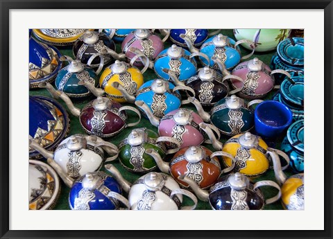 Framed Morocco, Casablanca, market, Ceramic tea pots Print