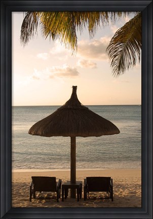 Framed Mauritius, Beach scene, umbrella, chairs, palm fronds Print