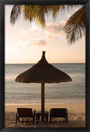 Framed Mauritius, Beach scene, umbrella, chairs, palm fronds Print