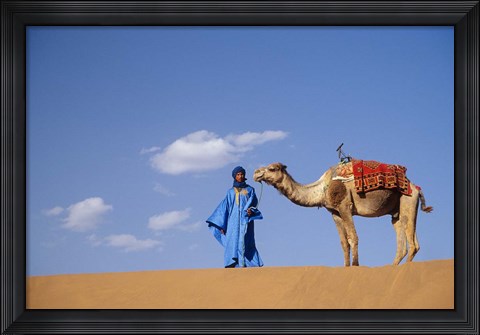 Framed Man leading camel on sand dunes, Tinfou (near Zagora), Morocco, Africa Print