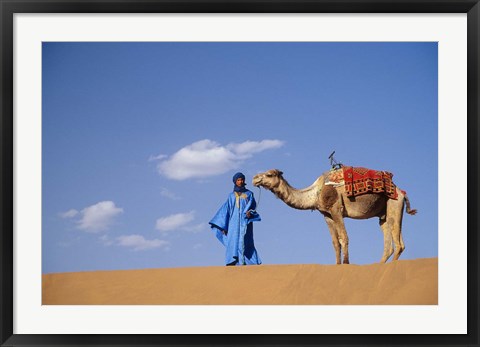 Framed Man leading camel on sand dunes, Tinfou (near Zagora), Morocco, Africa Print