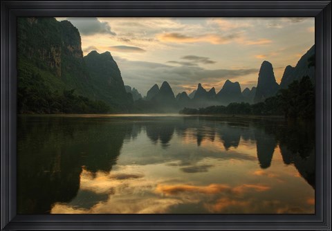 Framed Li River and karst peaks at sunrise, Guilin, China Print