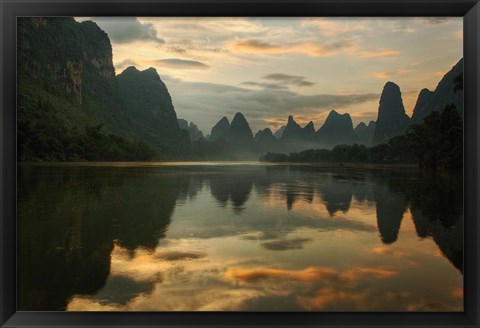 Framed Li River and karst peaks at sunrise, Guilin, China Print