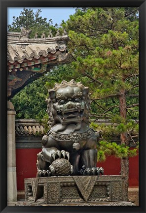 Framed Lion statue, Forbidden City, Beijing, China Print