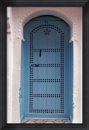 Framed Moorish-styled Blue Door and Whitewashed Home, Morocco Print