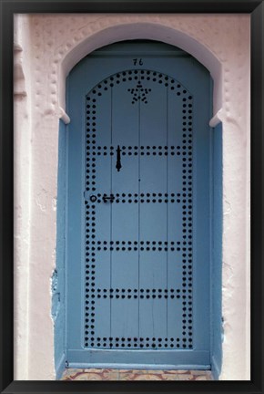 Framed Moorish-styled Blue Door and Whitewashed Home, Morocco Print