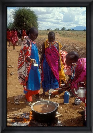 Framed Maasai Women Cooking for Wedding Feast, Amboseli, Kenya Print