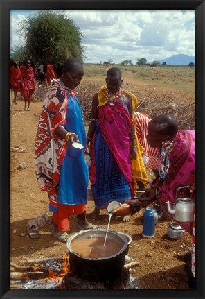 Framed Maasai Women Cooking for Wedding Feast, Amboseli, Kenya Print