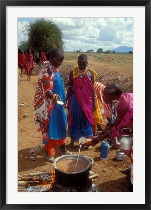 Framed Maasai Women Cooking for Wedding Feast, Amboseli, Kenya Print