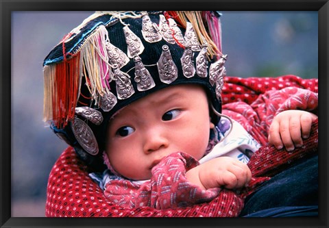 Framed Miao Baby Wearing Traditional Hat, China Print