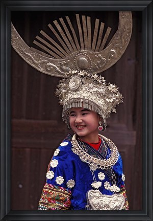 Framed Miao Girl in Traditional Silver Hairdress and Costume, China Print