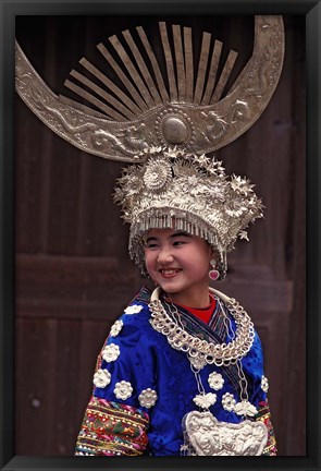 Framed Miao Girl in Traditional Silver Hairdress and Costume, China Print