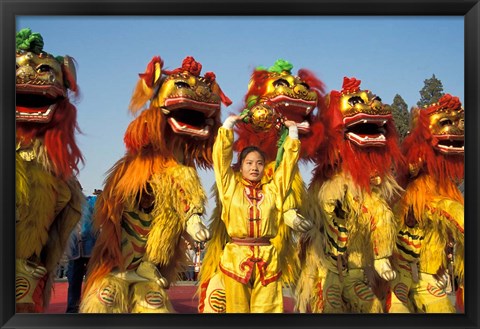 Framed Lion dance performance celebrating Chinese New Year Beijing China - MR Print