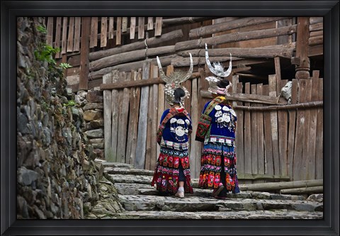 Framed Langde Miao girls in traditional costume in the village, Kaili, Guizhou, China Print