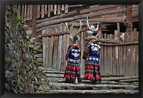 Framed Langde Miao girls in traditional costume in the village, Kaili, Guizhou, China Print