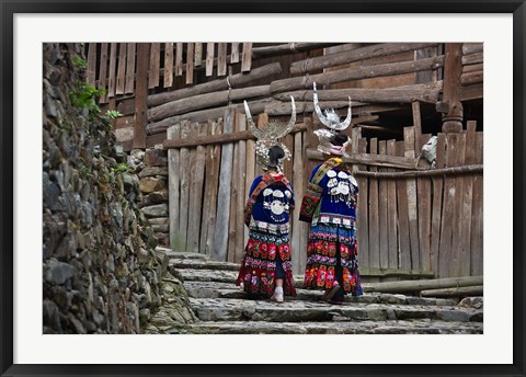 Framed Langde Miao girls in traditional costume in the village, Kaili, Guizhou, China Print