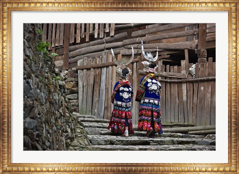 Framed Langde Miao girls in traditional costume in the village, Kaili, Guizhou, China Print