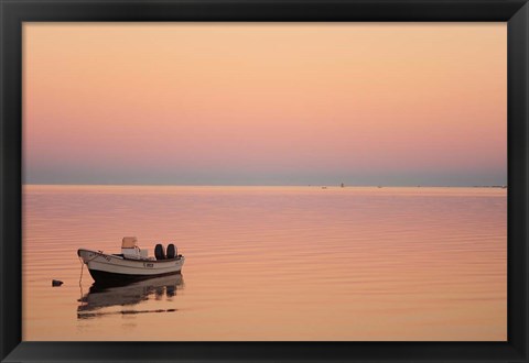 Framed Pink sunrise with small boat in the ocean, Ifaty, Tulear, Madagascar Print