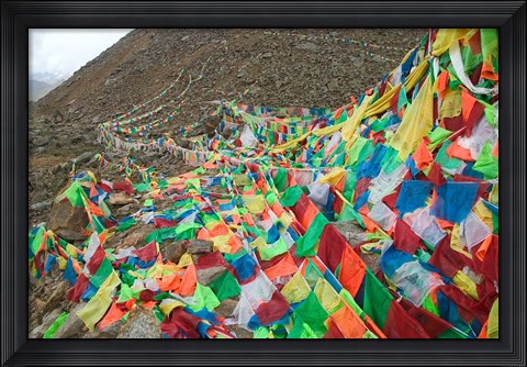 Framed Praying Flags with Mt. Quer Shan, Tibet-Sichuan, China Print