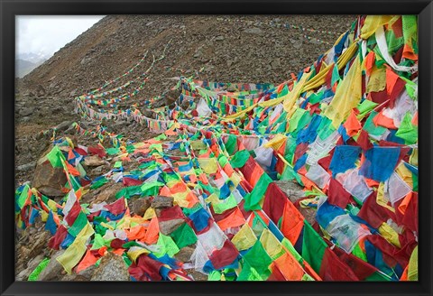 Framed Praying Flags with Mt. Quer Shan, Tibet-Sichuan, China Print