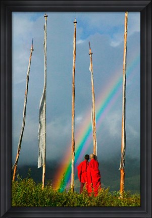 Framed Rainbow and Monks with Praying Flags, Phobjikha Valley, Gangtey Village, Bhutan Print