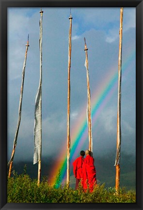 Framed Rainbow and Monks with Praying Flags, Phobjikha Valley, Gangtey Village, Bhutan Print