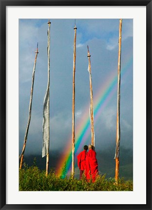 Framed Rainbow and Monks with Praying Flags, Phobjikha Valley, Gangtey Village, Bhutan Print