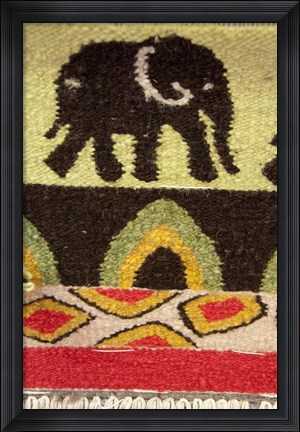 Framed Namibia, Swakopmund. Karakulia, elephant design on wool textiles Print