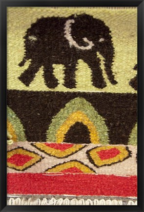 Framed Namibia, Swakopmund. Karakulia, elephant design on wool textiles Print