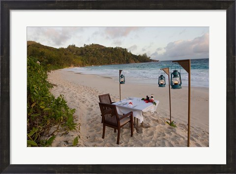 Framed Private dinner on the beach at Banyan Tree Resort, Mahe Island, Seychelles Print
