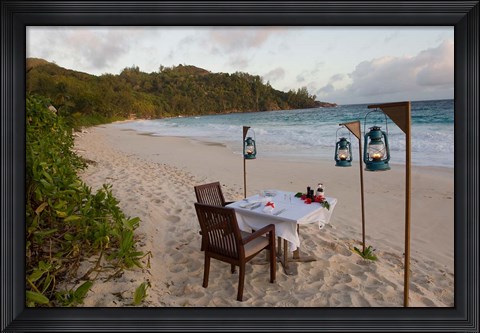 Framed Private dinner on the beach at Banyan Tree Resort, Mahe Island, Seychelles Print