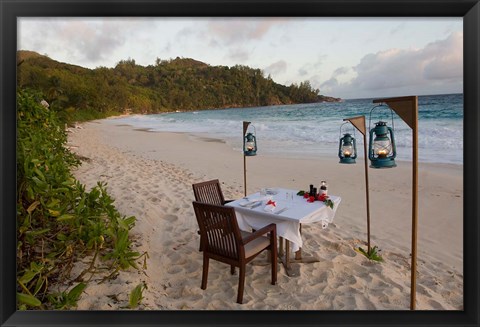 Framed Private dinner on the beach at Banyan Tree Resort, Mahe Island, Seychelles Print