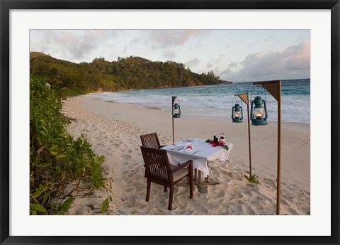 Framed Private dinner on the beach at Banyan Tree Resort, Mahe Island, Seychelles Print