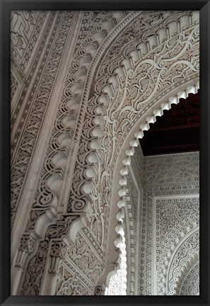 Framed Wall tiles and carvings on Islamic law courts, Morocco Print