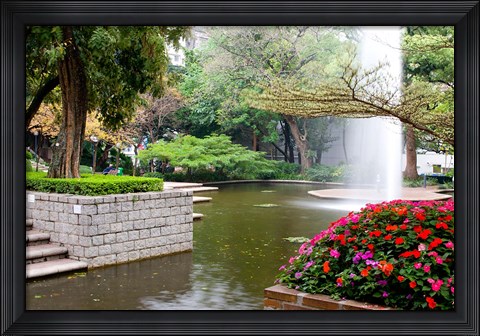Framed Pond With Fountain in Kowloon Park, Tsim Sha Tsui Area, Kowloon, Hong Kong, China Print