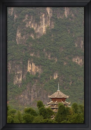 Framed Pagoda and giant karst peak behind, Yangshuo Bridge, China Print