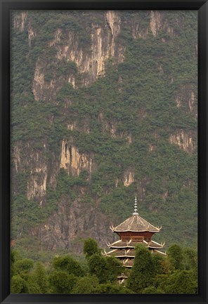 Framed Pagoda and giant karst peak behind, Yangshuo Bridge, China Print