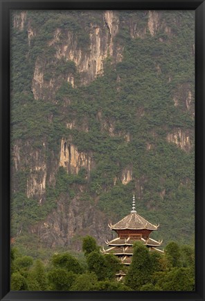 Framed Pagoda and giant karst peak behind, Yangshuo Bridge, China Print