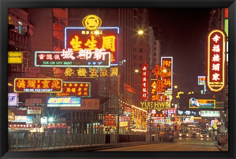 Framed Neon Lights at Night, Nathan Road, Hong Kong, China Print