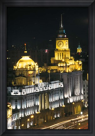 Framed Night View of Colonial Buildings on the Bund, Shanghai, China Print