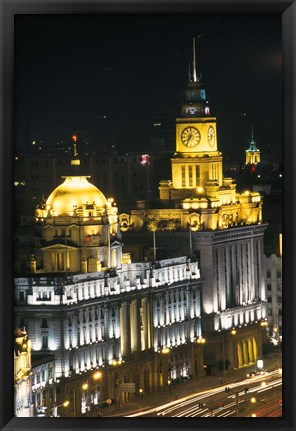 Framed Night View of Colonial Buildings on the Bund, Shanghai, China Print